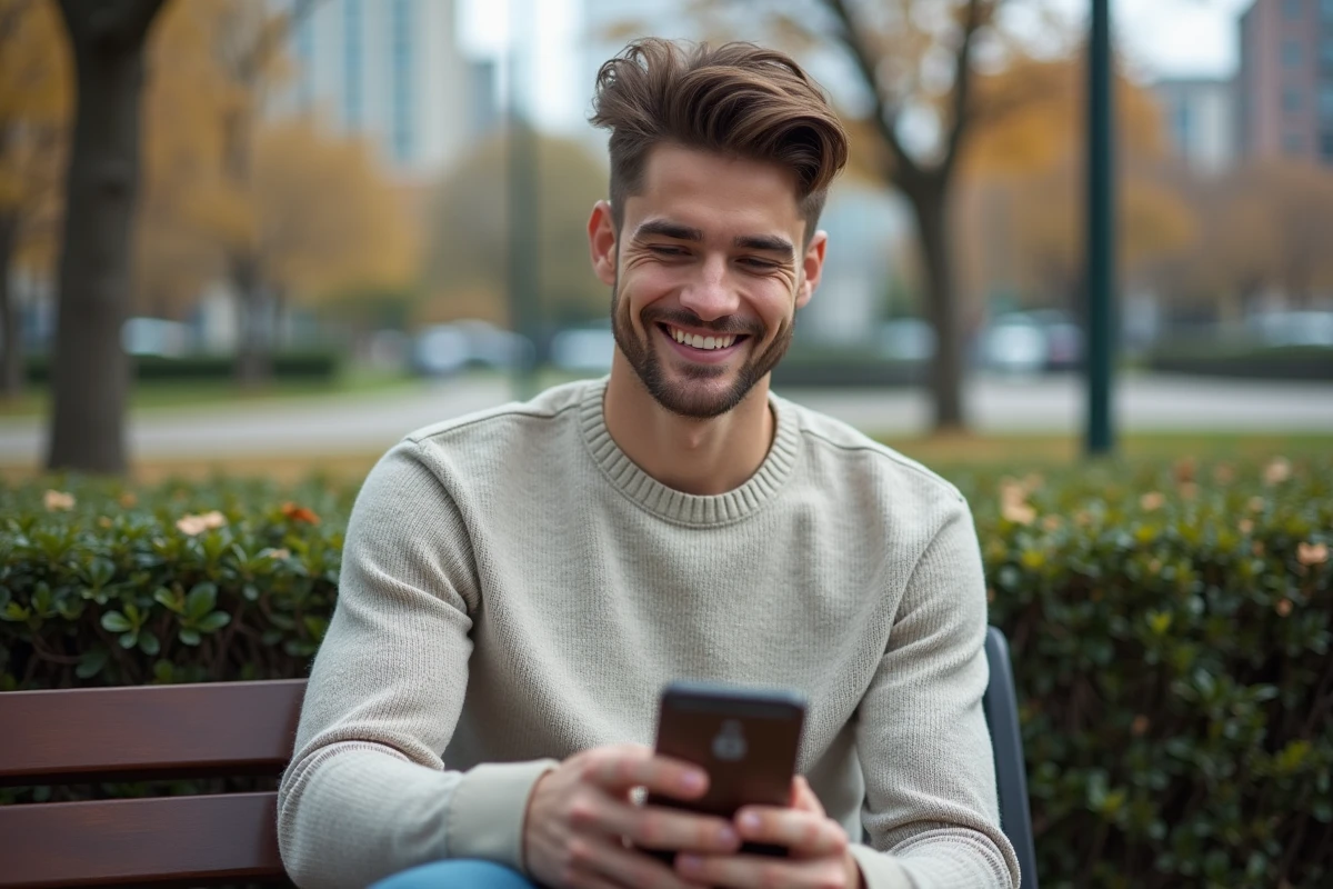 Jeune homme souriant avec son smartphone en plein air