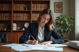 Jeune notaire examinant des maquettes de logo dans un bureau notarial moderne avec bibliothèque juridique