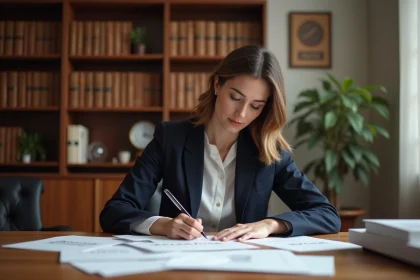 Jeune notaire examinant des maquettes de logo dans un bureau notarial moderne avec bibliothèque juridique