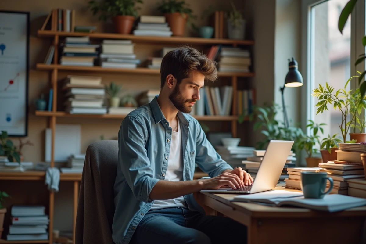 Jeune chercheur concentré travaillant à son bureau dans un bureau scientifique