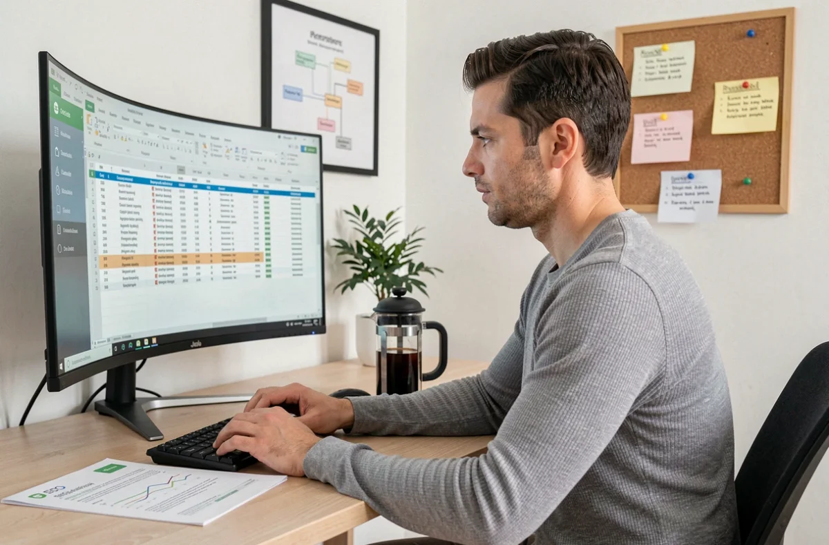 Consultant SEO de Kaizen SEO étudiant un rapport de positionnement et de mots-clés sur un grand écran dans un bureau moderne