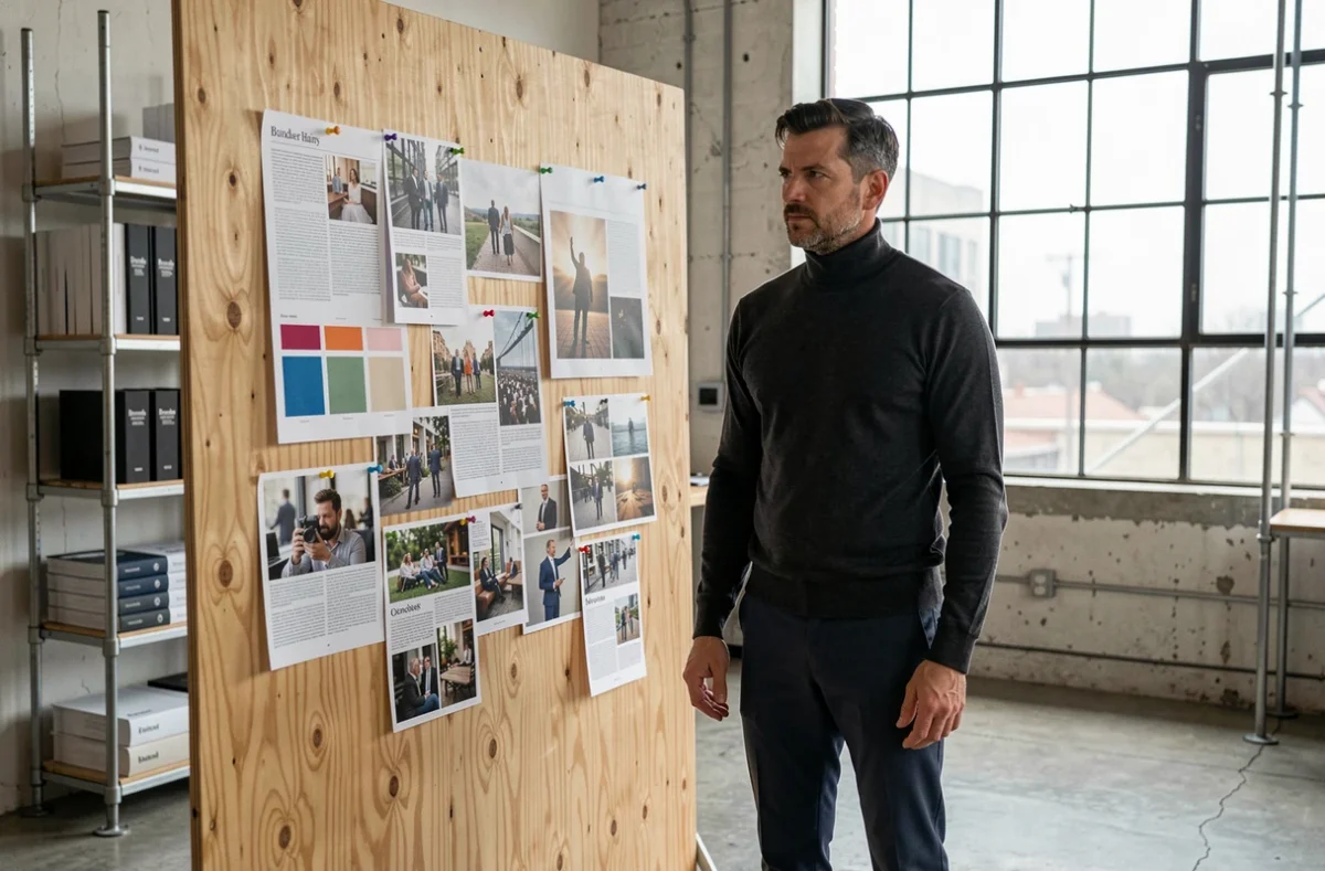 Stratège de marque étudiant un moodboard créatif dans le studio industriel de Kerosine en Isère
