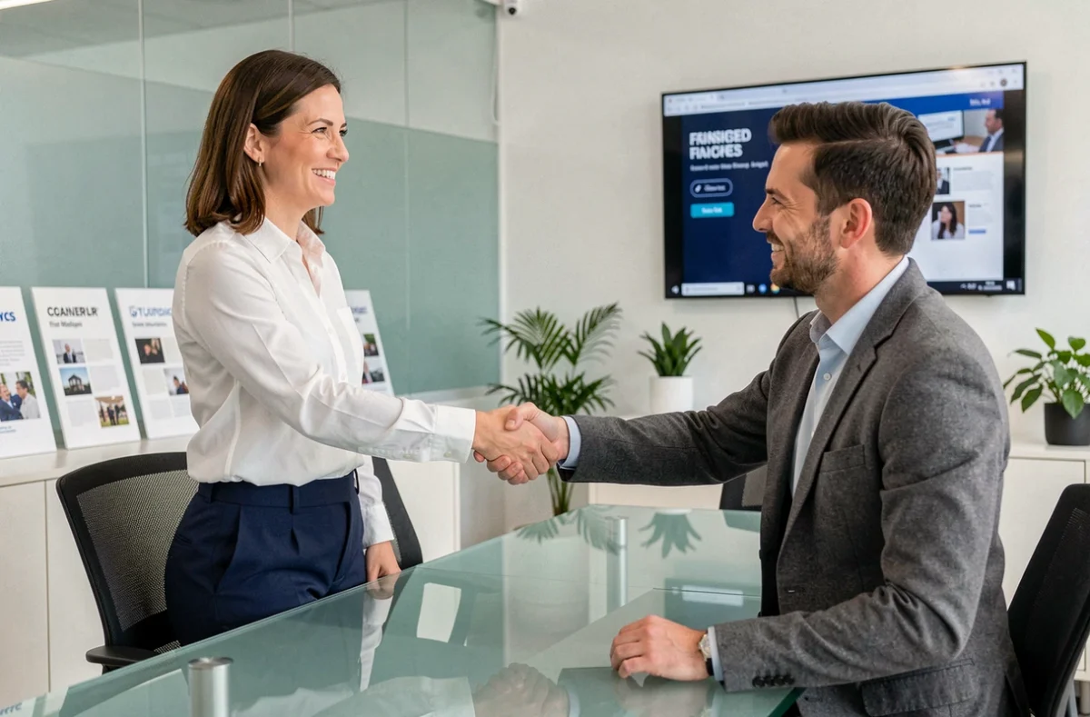 Directrice de La Bonne Agence concluant un partenariat avec un client dans une salle de réunion professionnelle en Isère