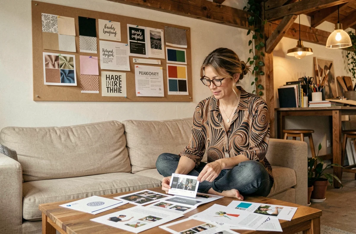 Directrice créative de Lescouturiersdelacom révisant des maquettes de contenu social media et un moodboard éditorial dans un studio artistique chaleureux