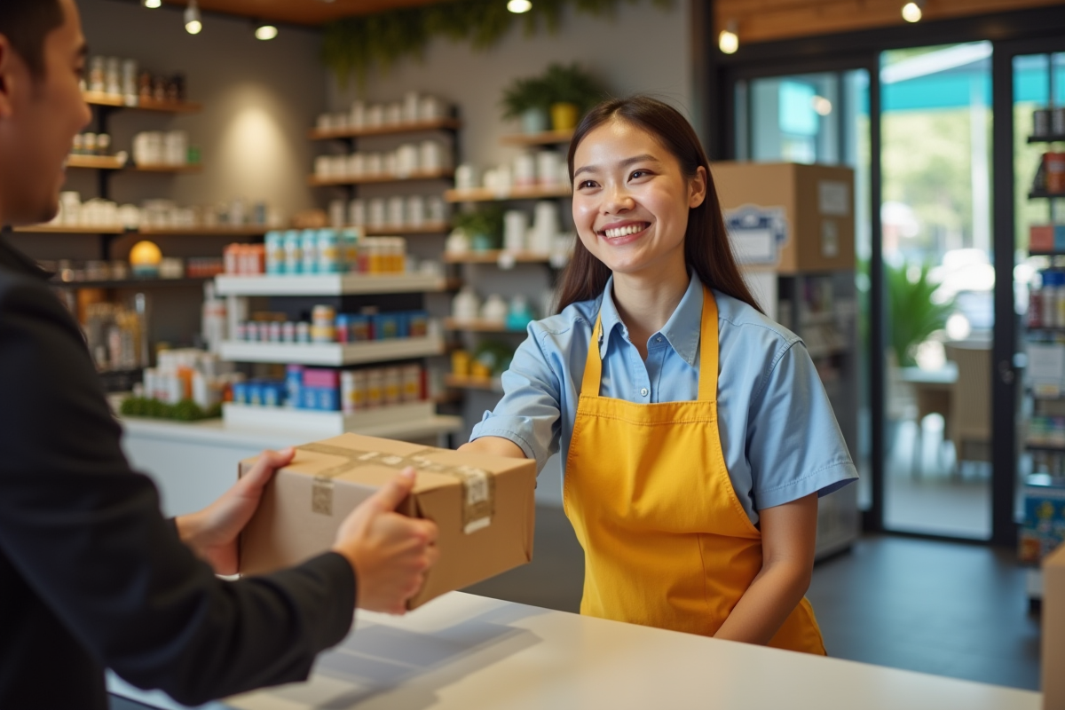 Employe de magasin remettant un colis à un client satisfait