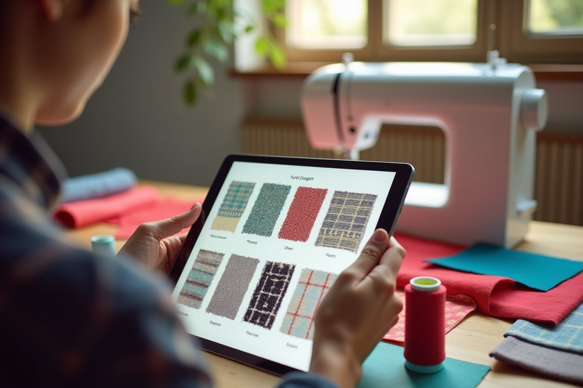 Mains tenant une tablette avec motifs textiles et machine à coudre en arrière-plan