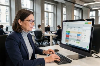 Manager femme utilisant un tableau de bord RH numérique pour suivre son équipe à distance dans un bureau parisien moderne