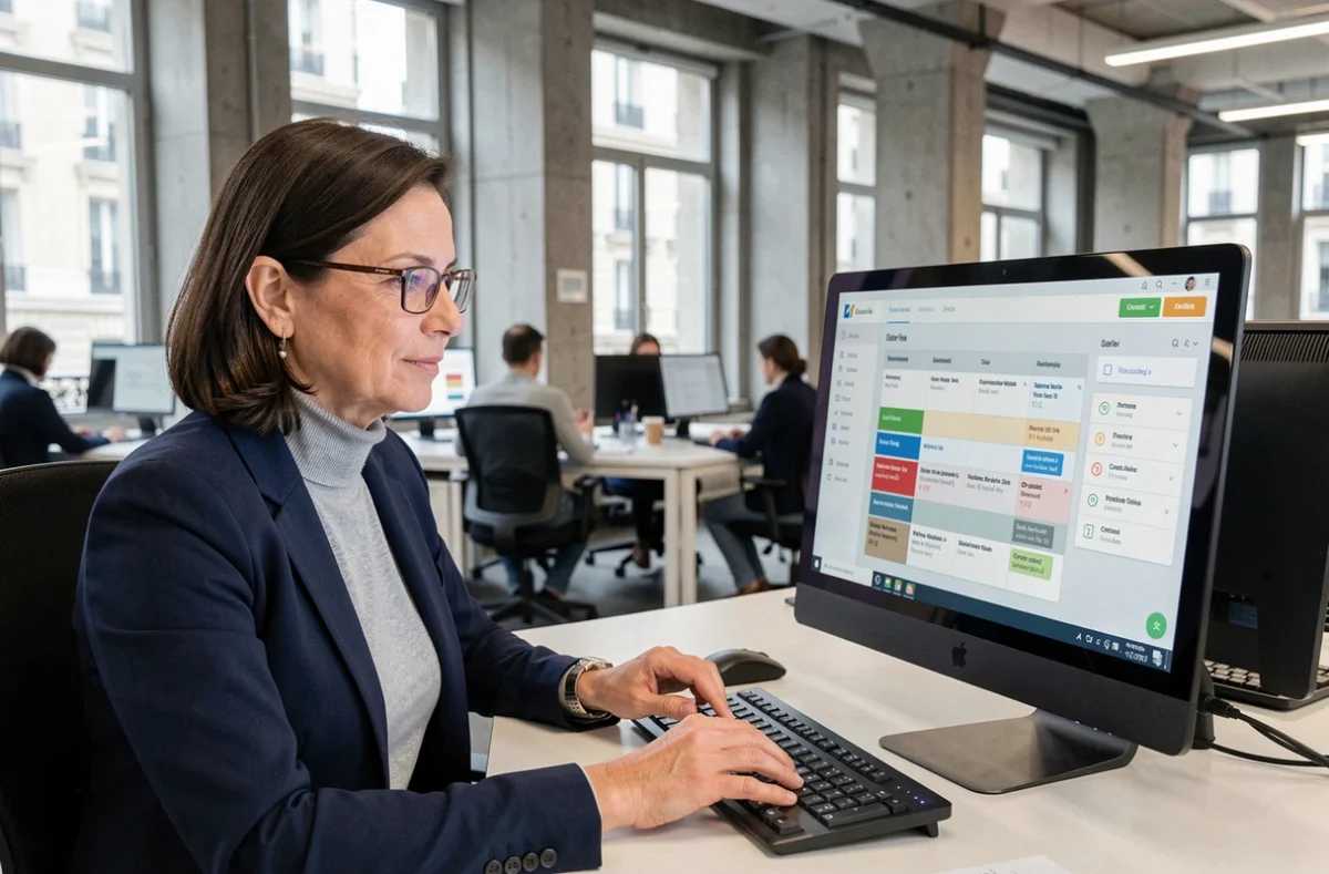 Manager femme utilisant un tableau de bord RH numérique pour suivre son équipe à distance dans un bureau parisien moderne