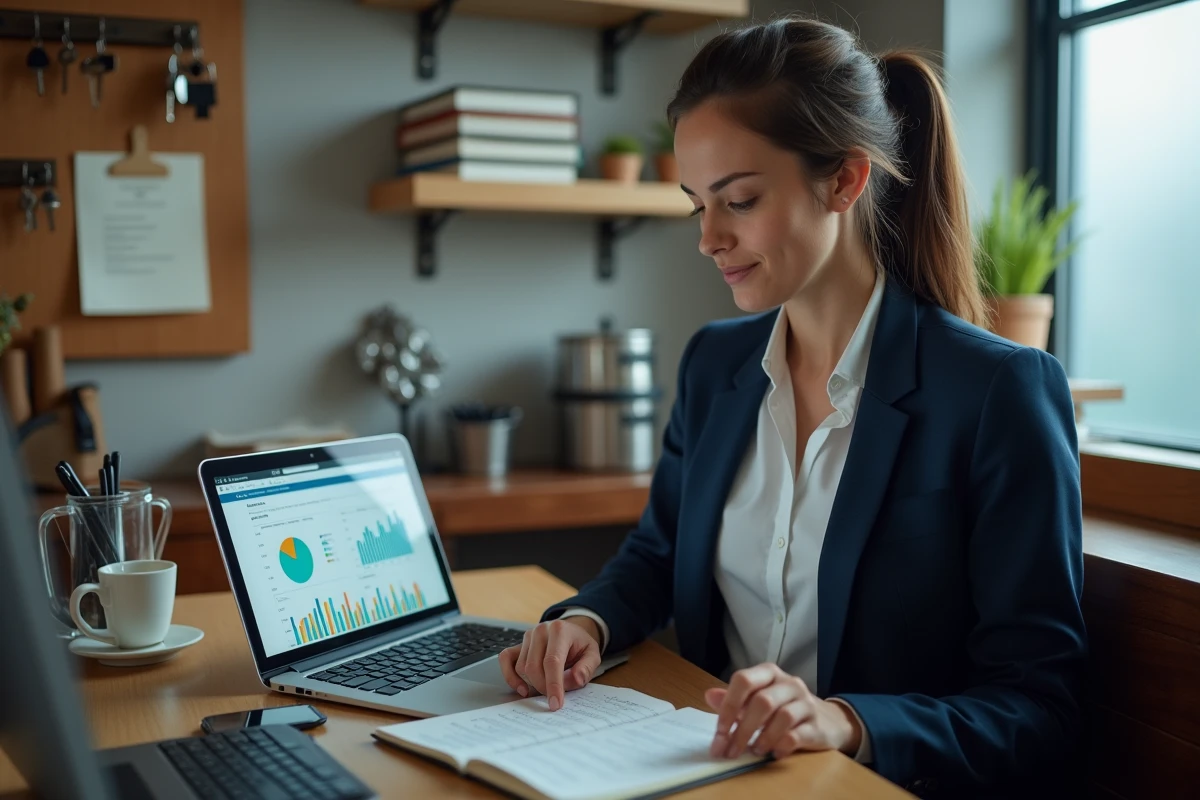 Responsable de restaurant analysant les statistiques de Restorium sur son ordinateur portable en arrière-bureau