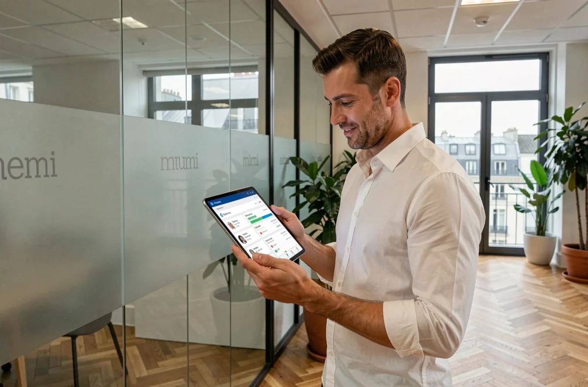 Manager masculin consultant une application de suivi d'équipe sur tablette dans un couloir de bureau moderne à Paris