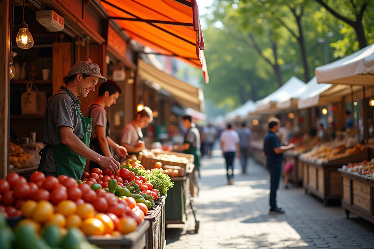 Marché de rue animé avec vendeurs et produits frais