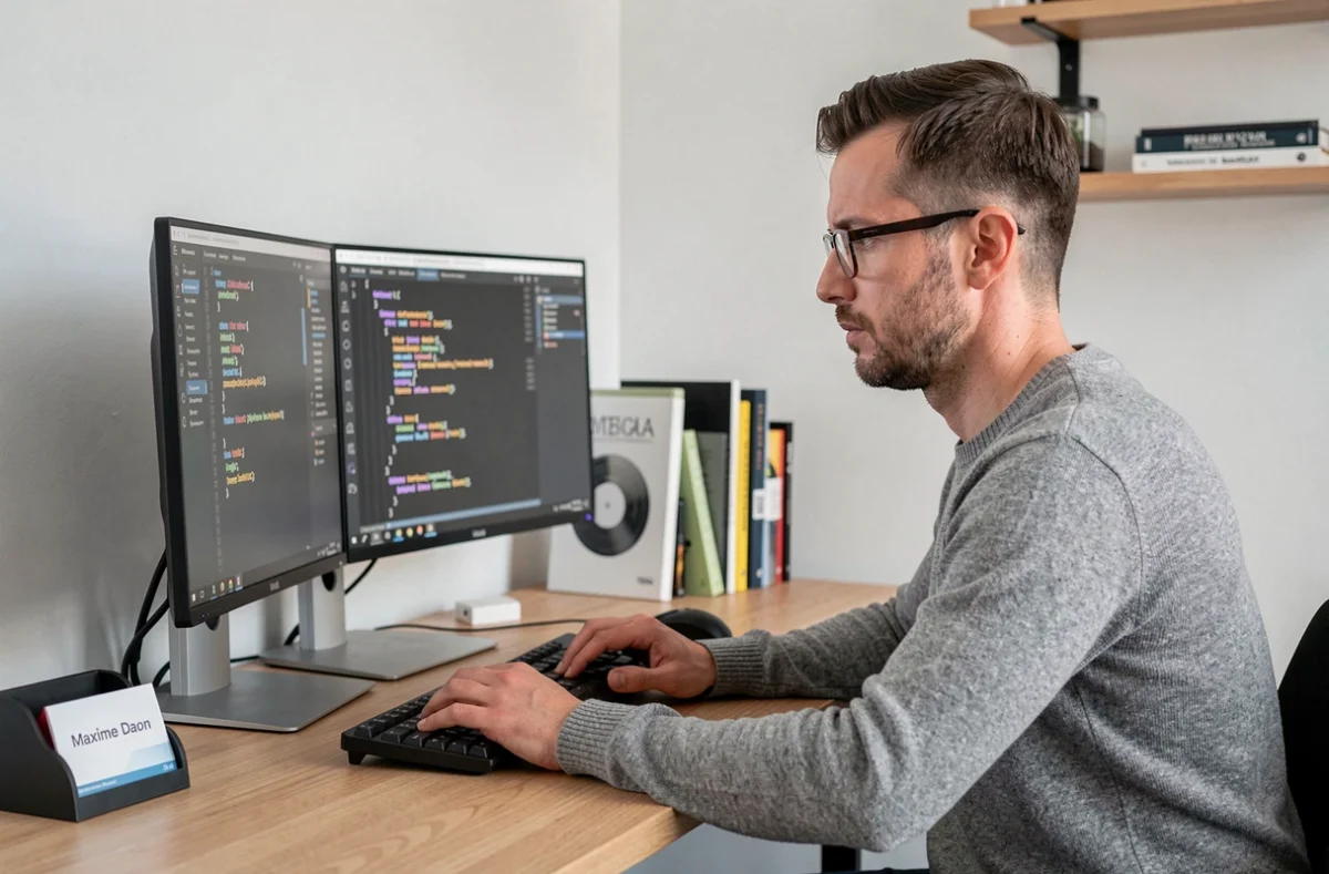 Développeur web Maxime Daon concentré sur son code dans son studio de travail minimaliste