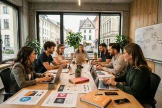 Équipe d'une agence de communication en Isère travaillant ensemble dans un bureau moderne et créatif
