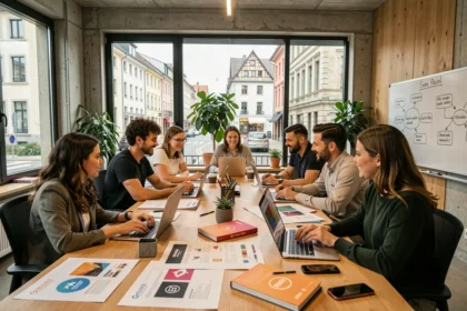 Équipe d'une agence de communication en Isère travaillant ensemble dans un bureau moderne et créatif