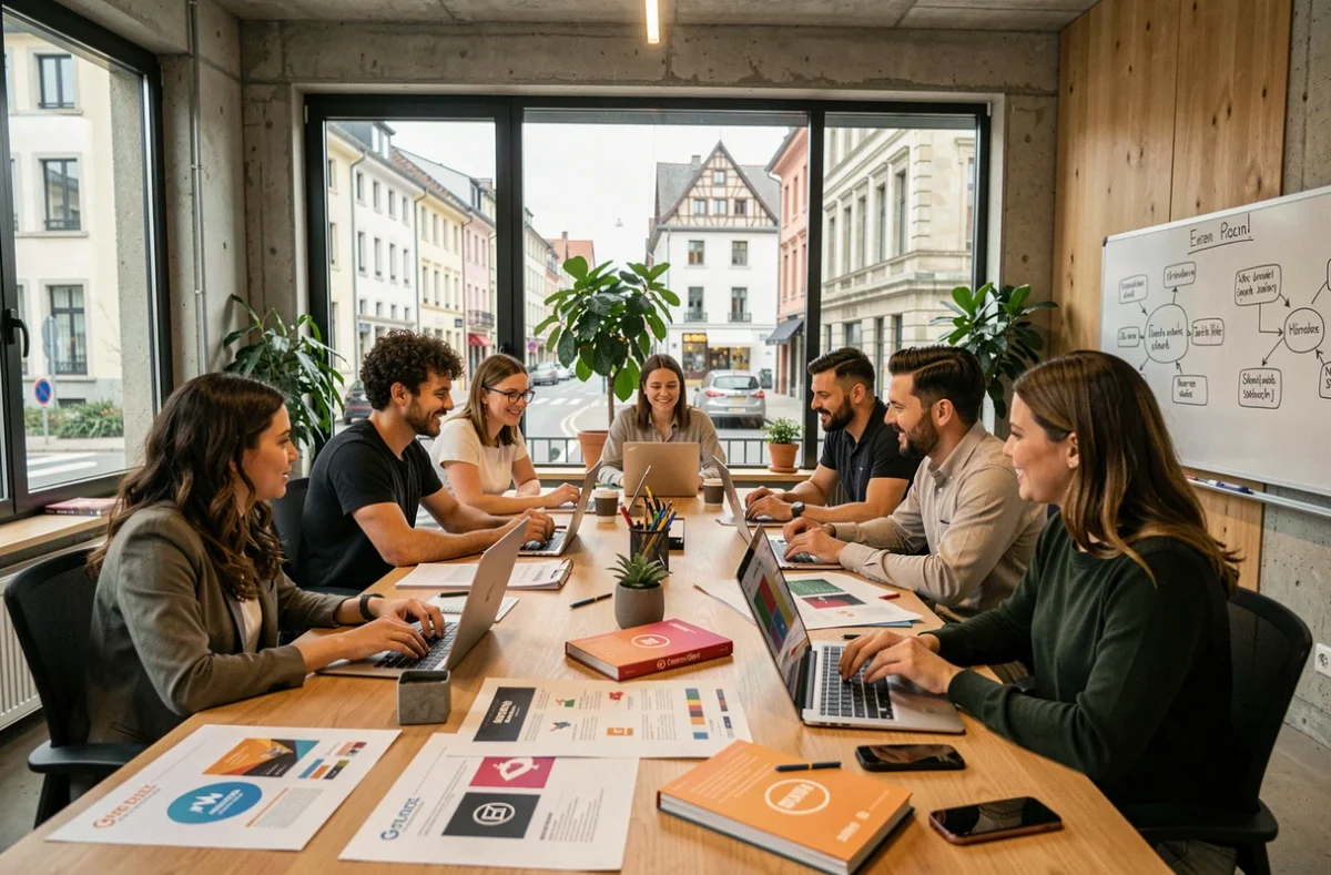 Équipe d'une agence de communication en Isère travaillant ensemble dans un bureau moderne et créatif