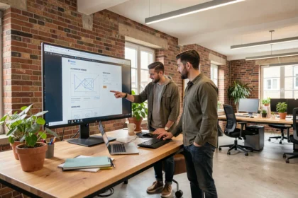 Équipe d'une agence web dans le Calvados travaillant sur des maquettes de sites web dans un bureau moderne