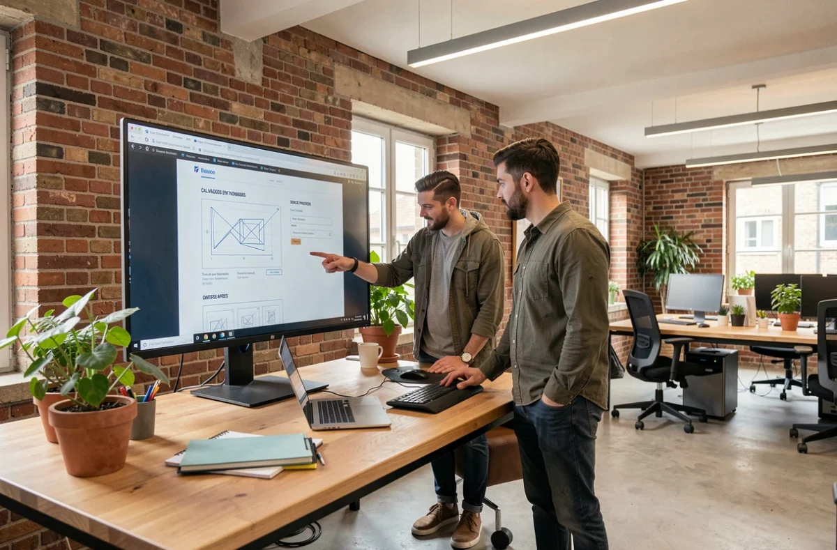 Équipe d'une agence web dans le Calvados travaillant sur des maquettes de sites web dans un bureau moderne