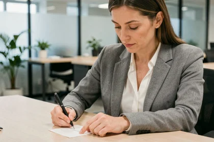 Femme professionnelle rédigeant un message de condoléances manuscrit dans un bureau moderne et calme