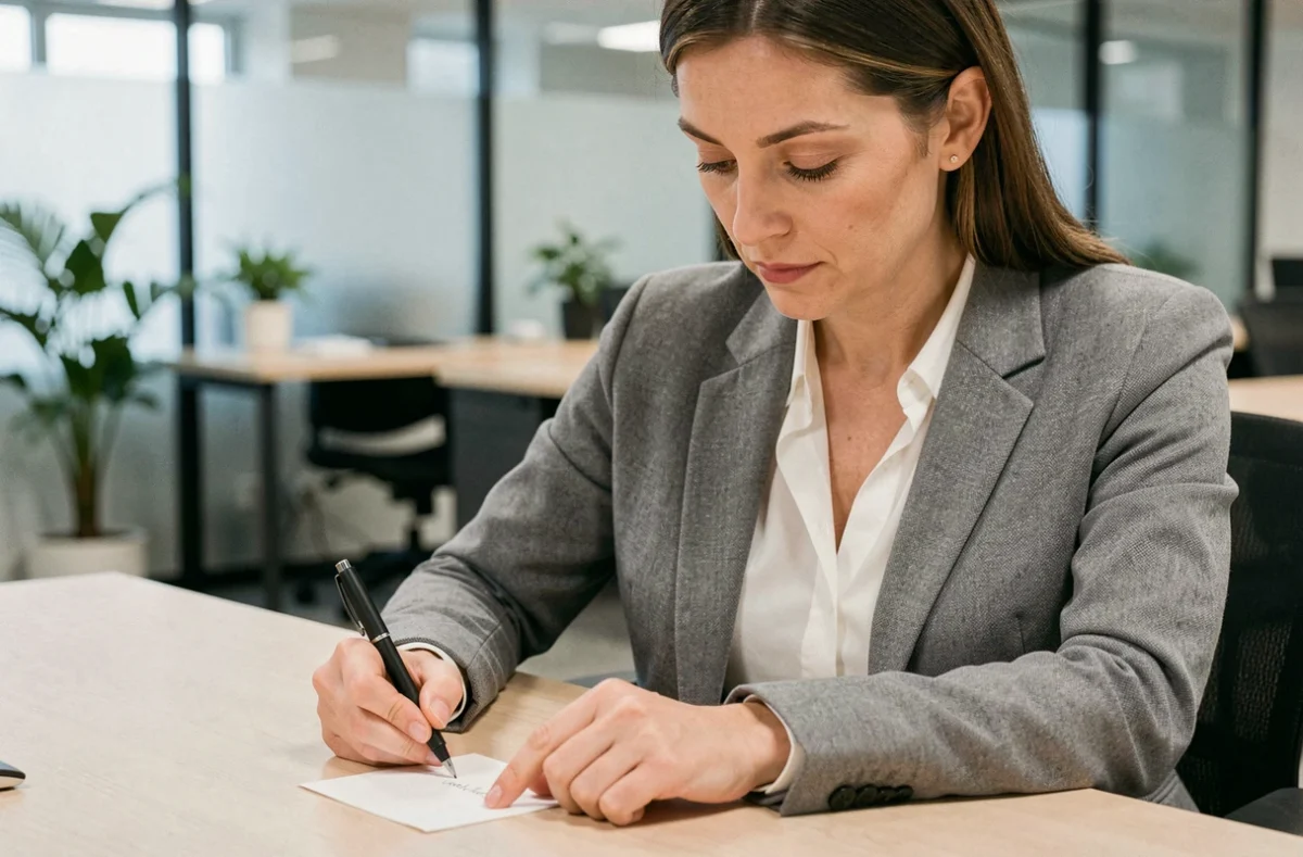 Femme professionnelle rédigeant un message de condoléances manuscrit dans un bureau moderne et calme