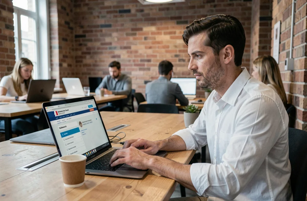 Entrepreneur en micro-entreprise déclarant son activité principale en ligne sur le portail officiel depuis un espace de coworking