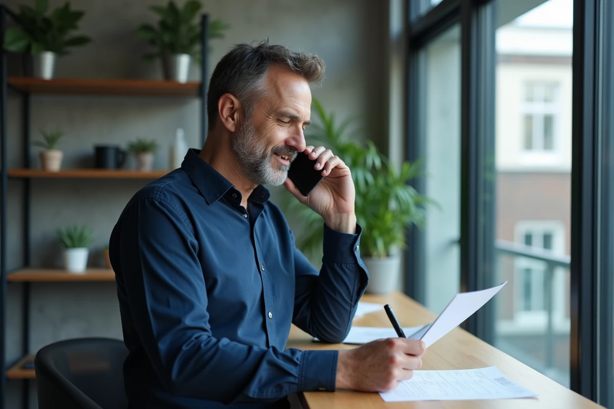 Micro-entrepreneur en communication téléphonique avec l'Urssaf dans un espace de coworking tenant des documents administratifs