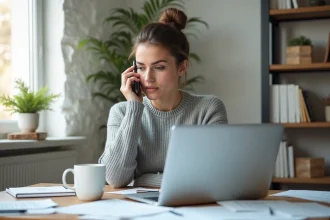 Micro-entrepreneuse au téléphone contactant l'Urssaf depuis son bureau à domicile avec un ordinateur portable ouvert