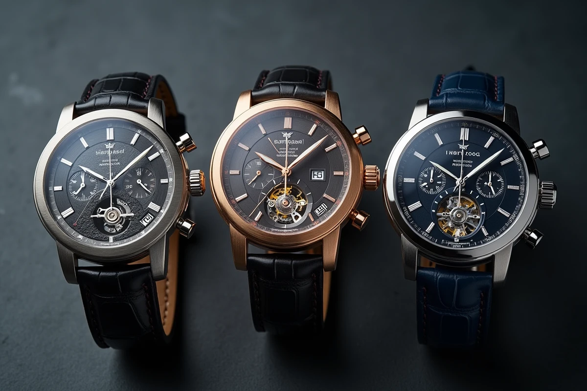 Trois montres de haute horlogerie Richemont posées sur ardoise, montrant un tourbillon, un calendrier perpétuel et une répétition minutes