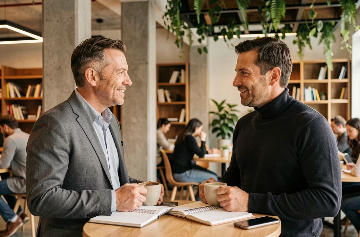 Deux professionnels en conversation informelle dans un espace de co-working moderne, illustrant la mise en relation et la confiance dans un réseau d'entreprise B2B