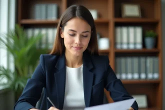 Notaire femme professionnelle révisant son CV et sa lettre de motivation dans un bureau juridique moderne