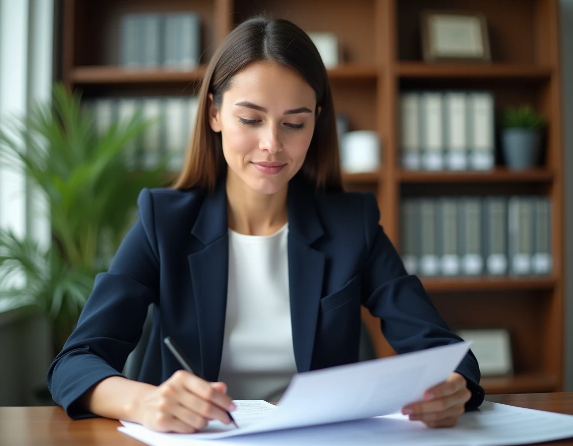 Notaire femme professionnelle révisant son CV et sa lettre de motivation dans un bureau juridique moderne