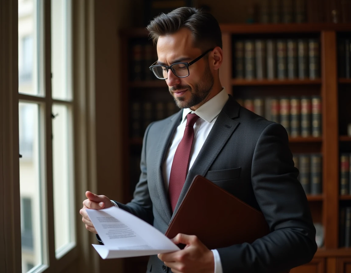 Notaire homme en costume consultant ses documents de candidature dans un cabinet notarial parisien