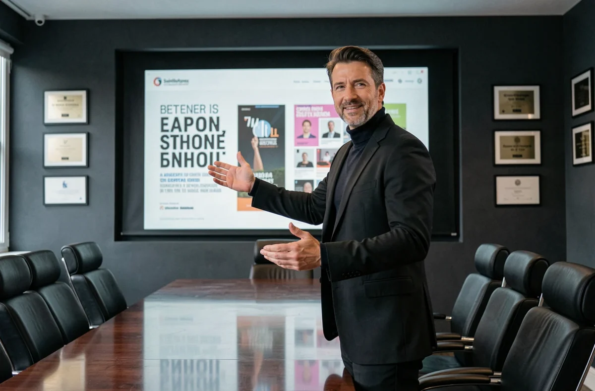 Directeur créatif de l'agence Oscar Black présentant une campagne publicitaire digitale dans une salle de réunion haut de gamme