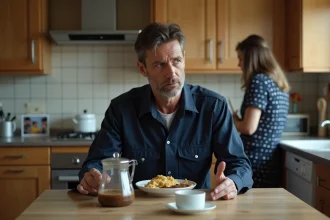 Ouvrier en uniforme fatigué à la table du petit-déjeuner avec sa famille avant une prise de poste en horaires décalés 5x8