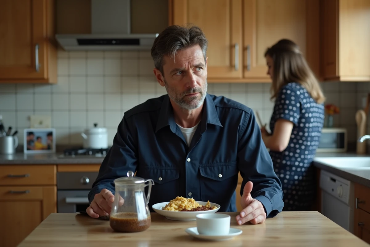 Ouvrier en uniforme fatigué à la table du petit-déjeuner avec sa famille avant une prise de poste en horaires décalés 5x8