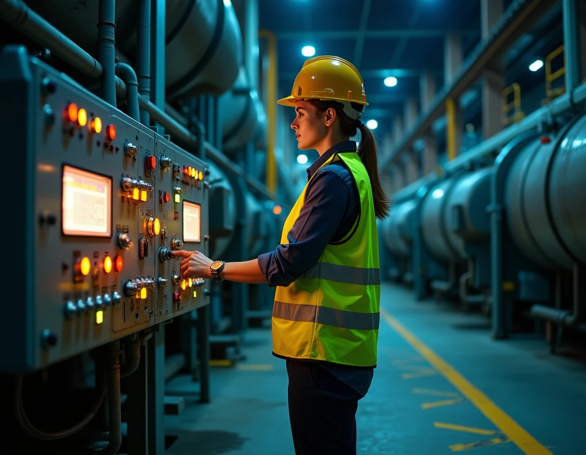 Ouvrière d'usine en gilet haute visibilité supervisant un poste de contrôle industriel de nuit, en lien avec les droits et le salaire horaire de nuit selon le code du travail