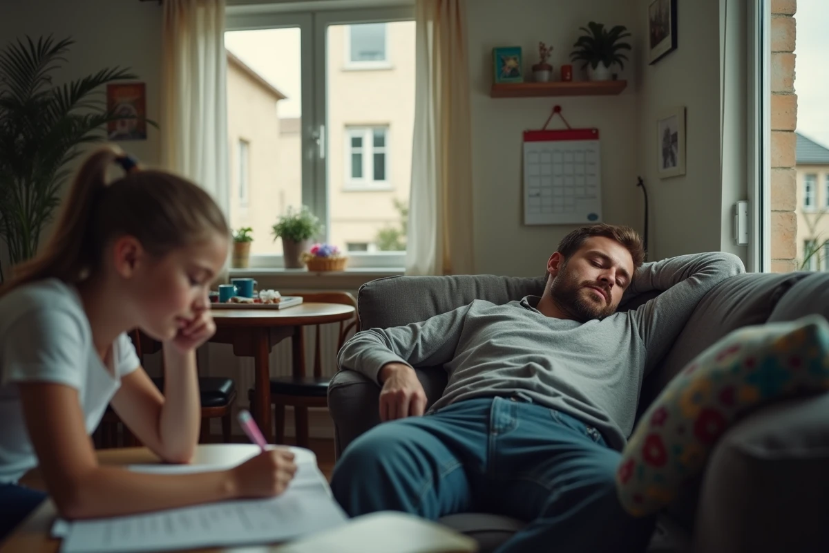 Père en horaires décalés 5x8 endormi sur le canapé l'après-midi pendant que sa fille adolescente fait ses devoirs