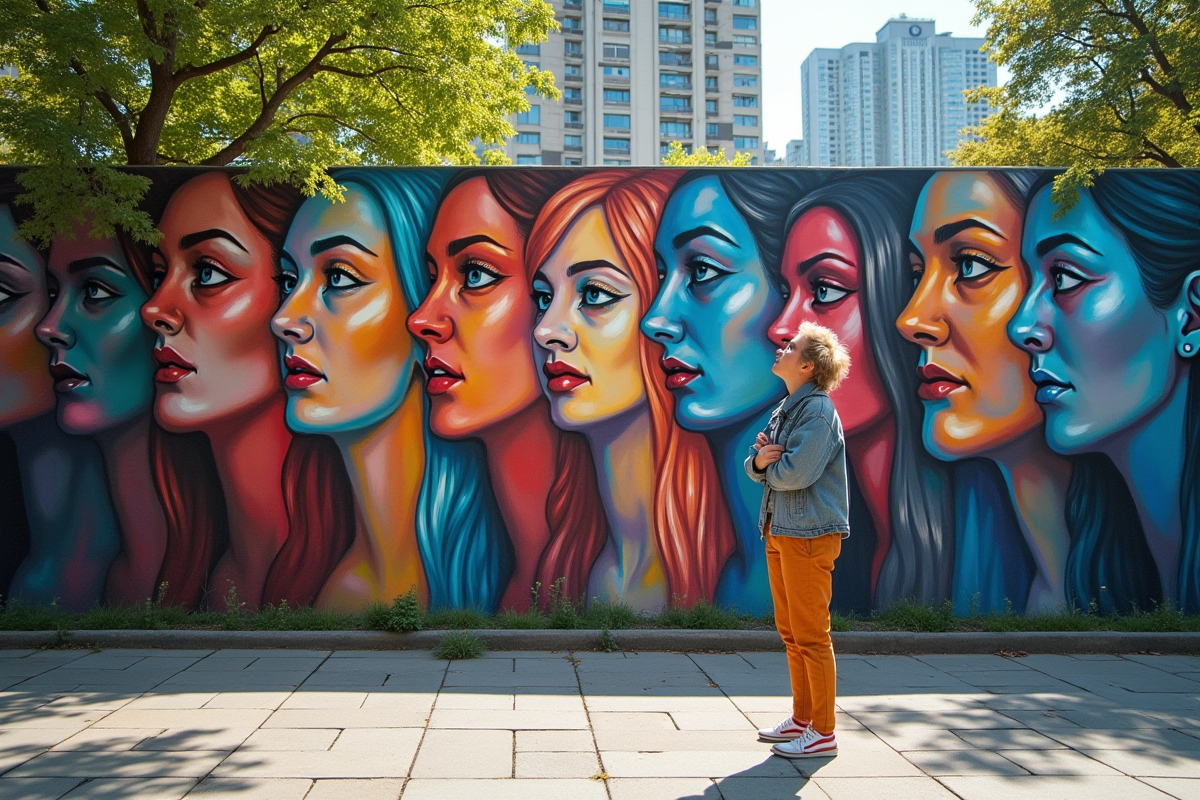 Personne devant une fresque de visages et connexions sociales