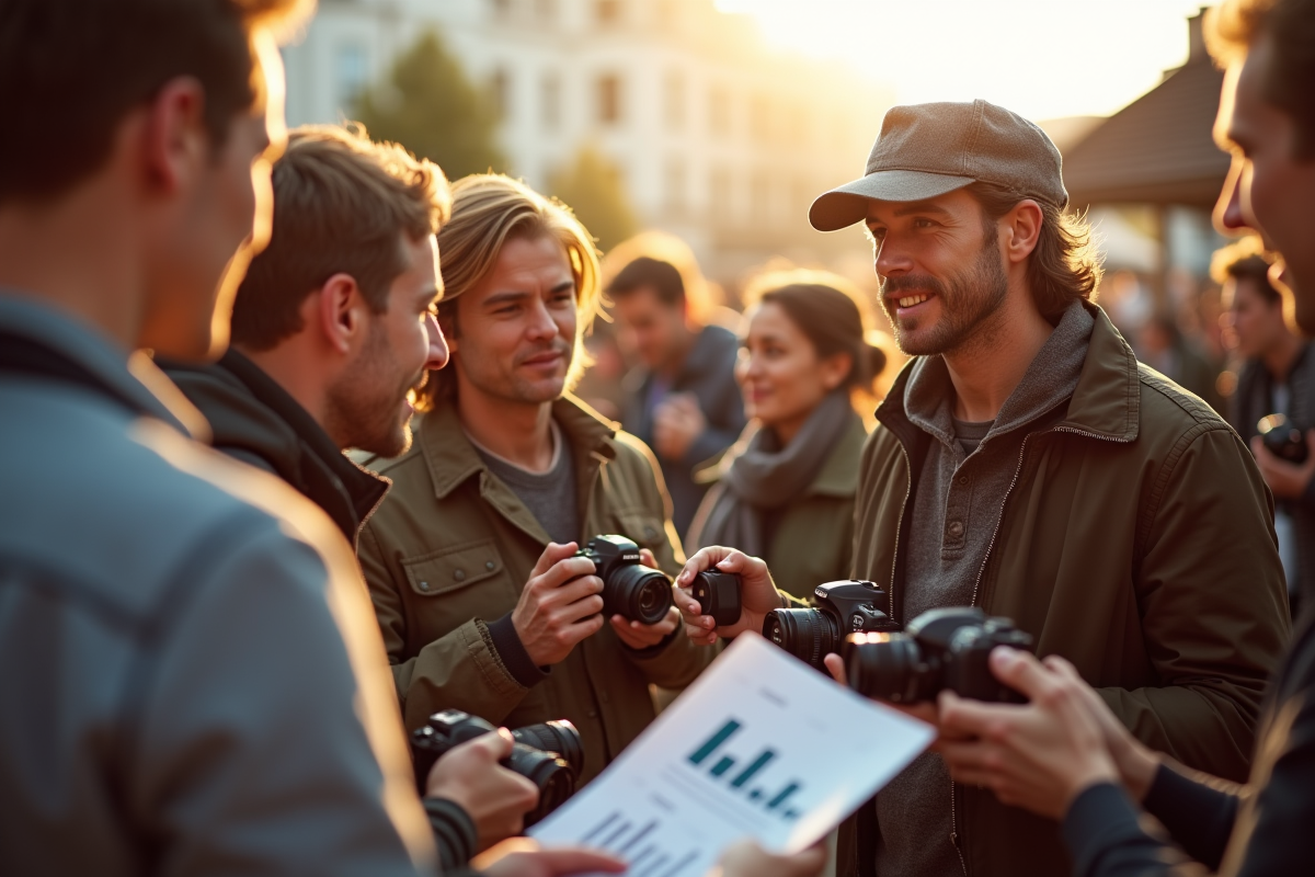 Groupe de photographes discutant lors d un événement en plein air ensoleille