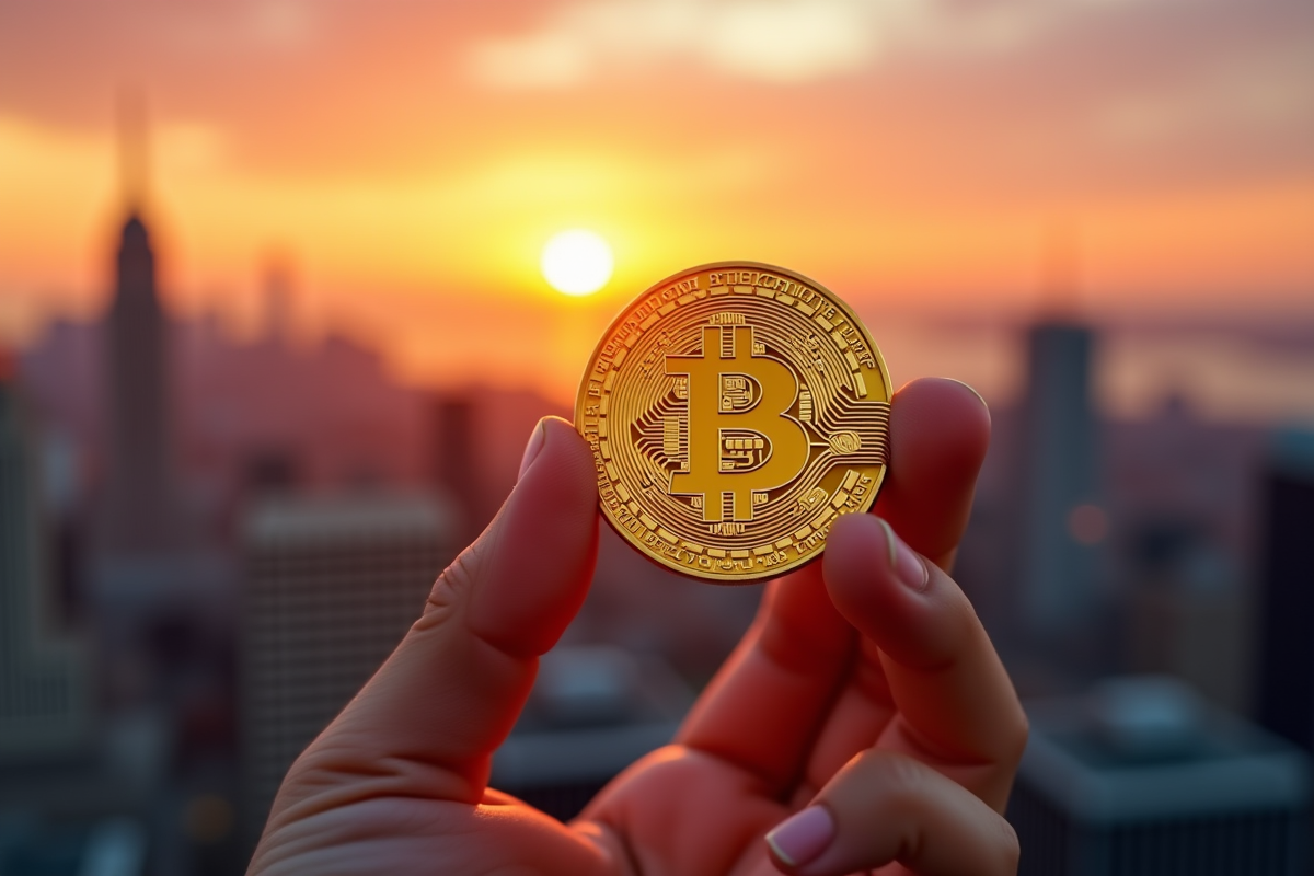 Pièce d or Bitcoin entre doigts avec ville au lever du soleil