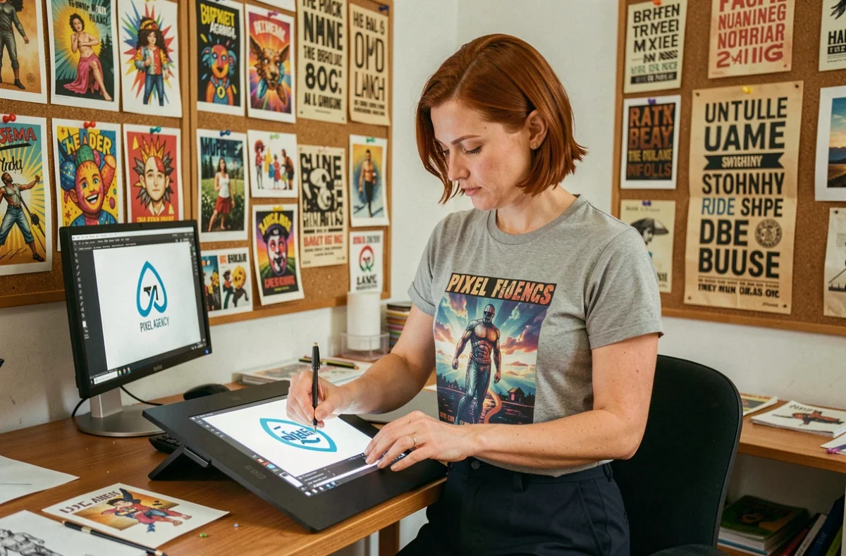 Designer graphique de Pixel Agency travaillant sur une illustration numérique dans un studio artistique coloré