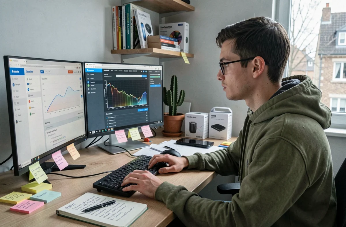 Spécialiste digital de Pixfeed analysant des données de suivi de pixels et de performance web sur deux écrans dans un studio créatif