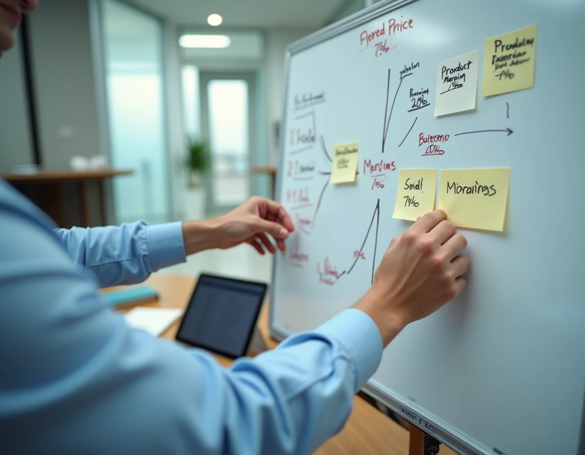 Mains d'un professionnel organisant des fiches de prix et des diagrammes de marges sur un tableau blanc lors d'une session de planification e-commerce