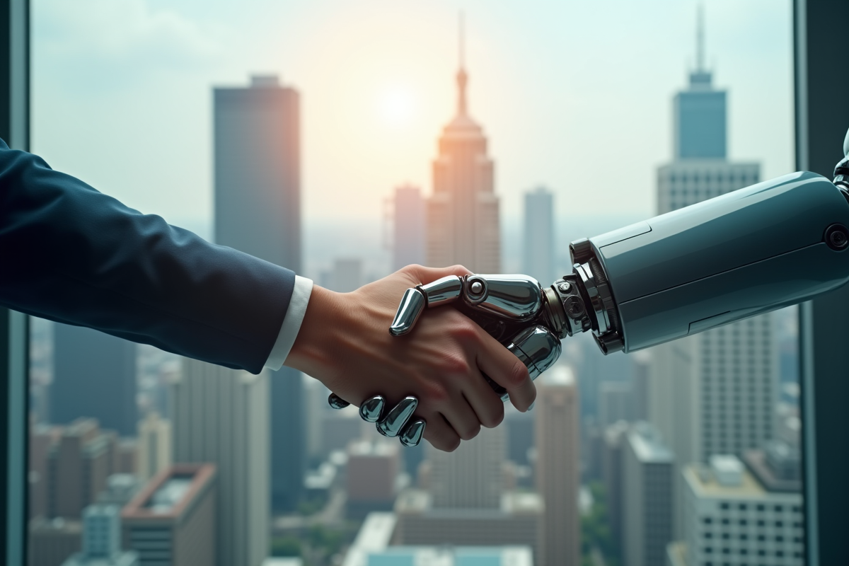 Poignée de main entre un humain et un robot en ville