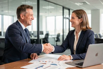 Deux professionnels B2B se serrant la main lors d'une réunion d'affaires dans une salle de conférence moderne, symbole de confiance et de relation durable en réseau d'entreprise