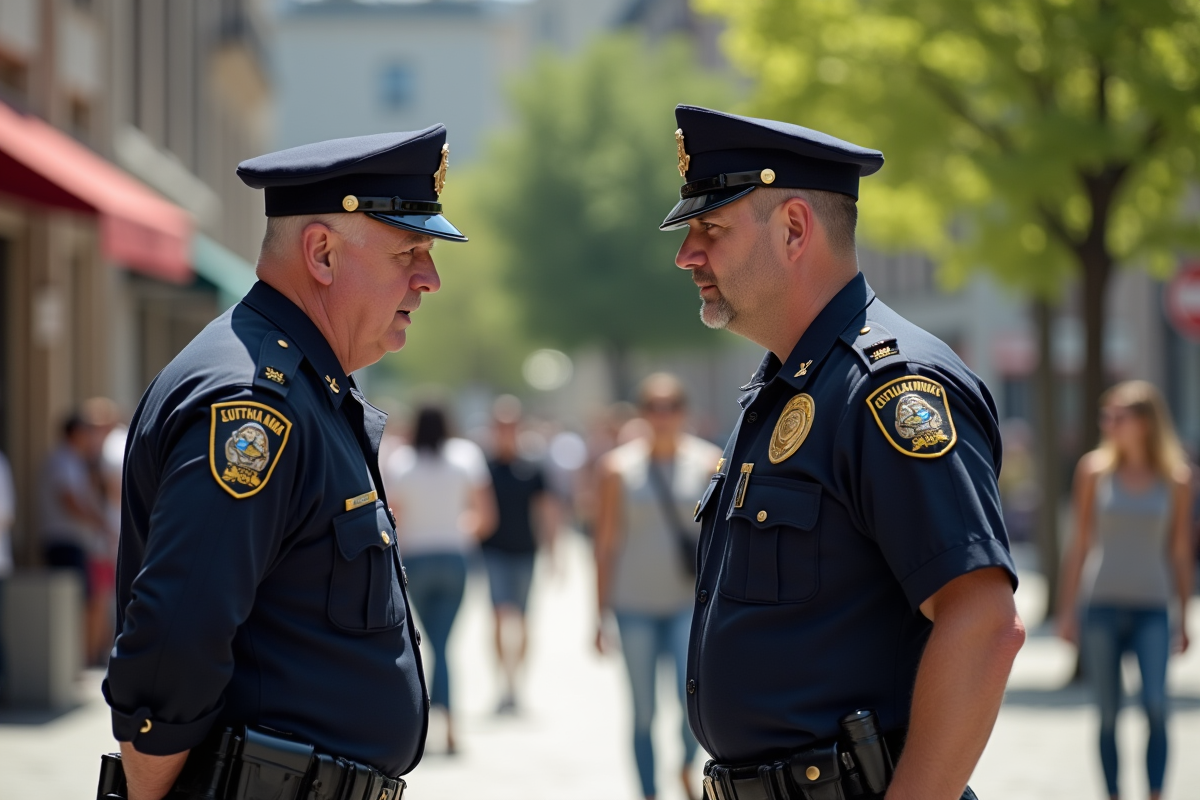 Un policier parle fermement à un civil dans une place ensoleillée