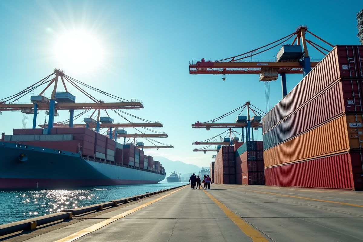 Port de commerce avec conteneurs et ouvriers en action