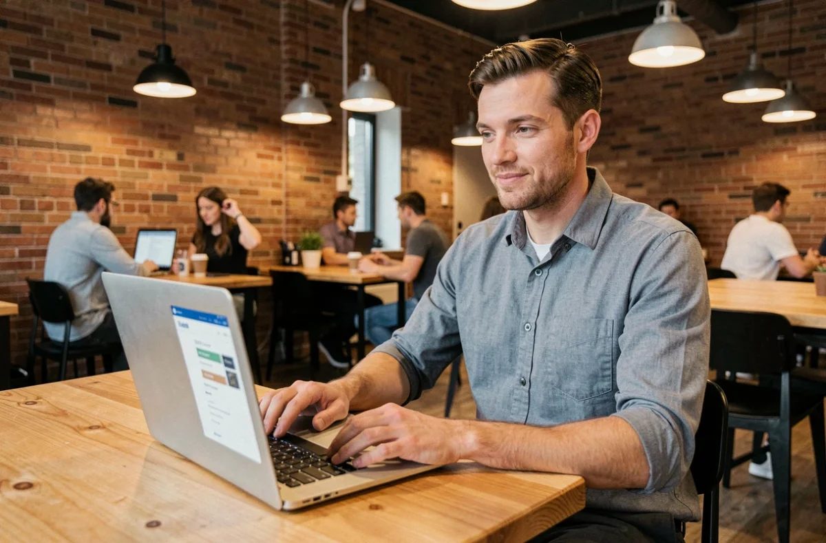 Jeune homme postulant en ligne dans un espace de coworking pour un poste chez Kuehne Nagel en 2026