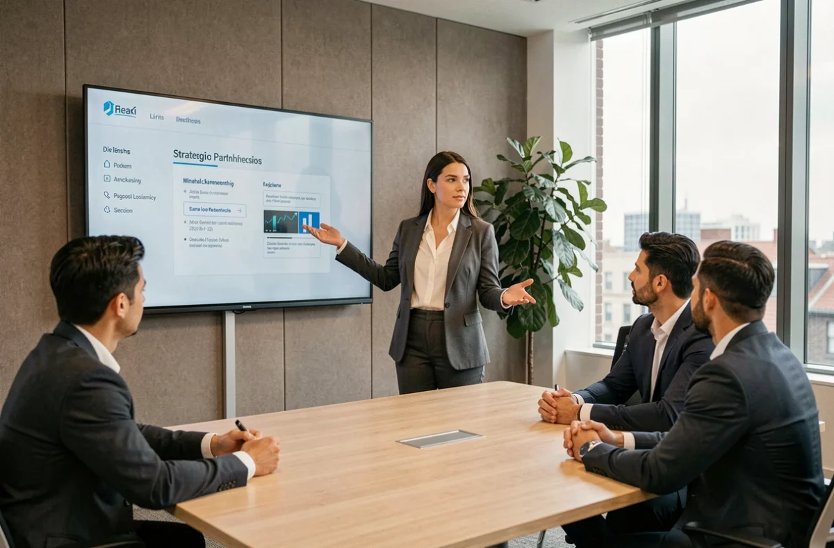 Une femme d'affaires présente une proposition de partenariat stratégique à des prospects B2B exigeants dans une salle de réunion moderne, illustrant la crédibilité du réseau d'entreprise