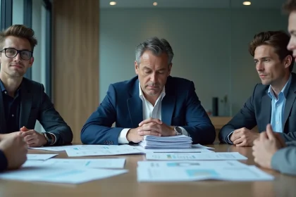 Manager dépassé par ses responsabilités lors d'une réunion en salle de conférence, illustrant le principe de Peter en management