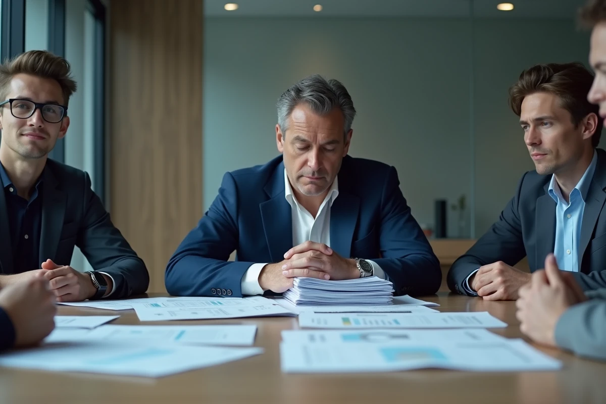 Manager dépassé par ses responsabilités lors d'une réunion en salle de conférence, illustrant le principe de Peter en management
